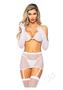 Leg Avenue Rhinestone Fishnet Garter Skirt Set With Bikini Top, G-string, Gloves, And Matching Stockings (5 Piece) - O/s - White