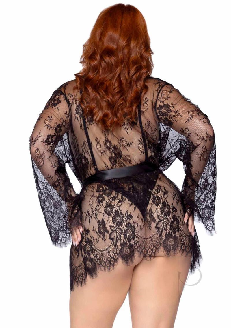 Leg Avenue Floral Lace Teddy With Adjustable Straps And Cheeky Thong Back, Matching Lace Robe With Scalloped Trim And Satin Tie (3 Pieces) - 1x-2x - Black